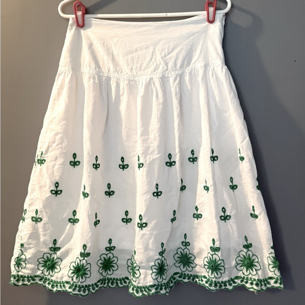 White A-Line Skirt with Green Embroidered Floral Trim